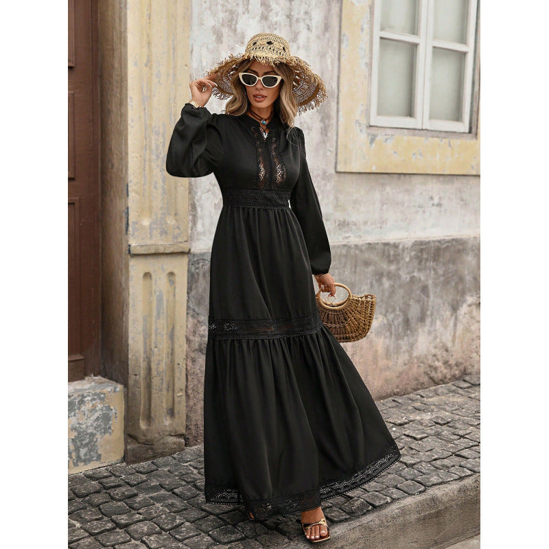 Export1688  fashioncasualpure color daily lace lace long sleevesdress
