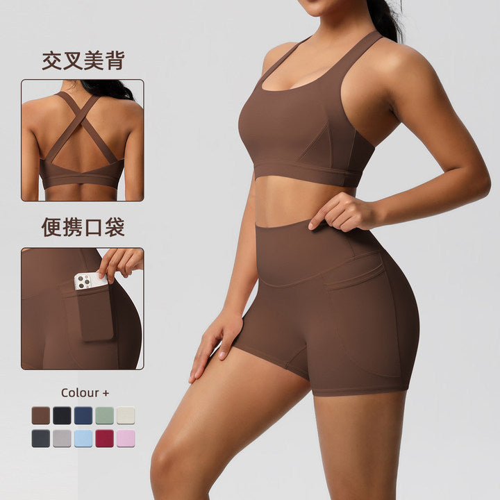 European and american cross-border double-sided brushed sports bra and pocket shorts set - pilates, running, fitness, and yoga apparel