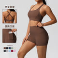 European and american cross-border double-sided brushed sports bra and pocket shorts set - pilates, running, fitness, and yoga apparel