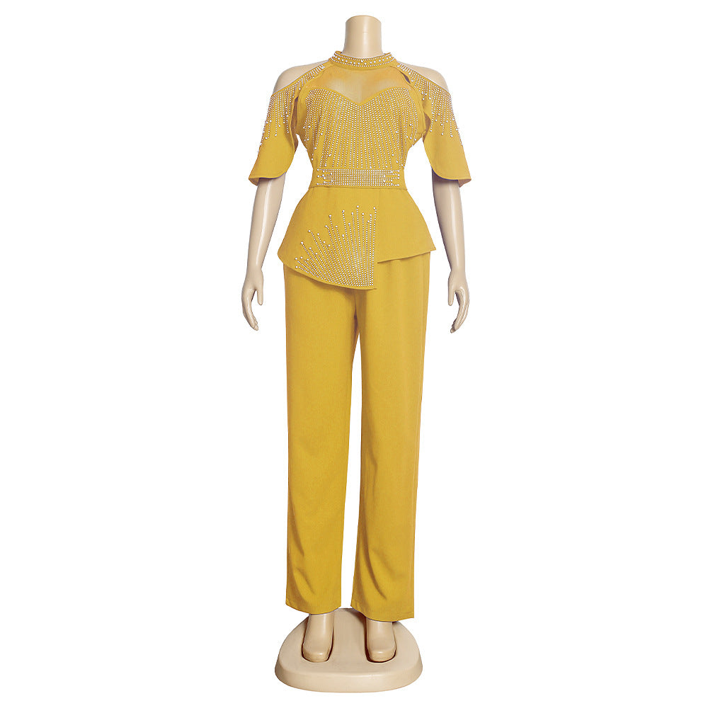new rhinestone & beaded african  plus size women's autumn outfit: irregular top + pants two-piece set