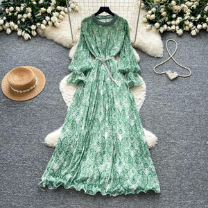 French lady style printingloose type dress women's summerlong sleeves waist slimming look a-line long skirtelegant