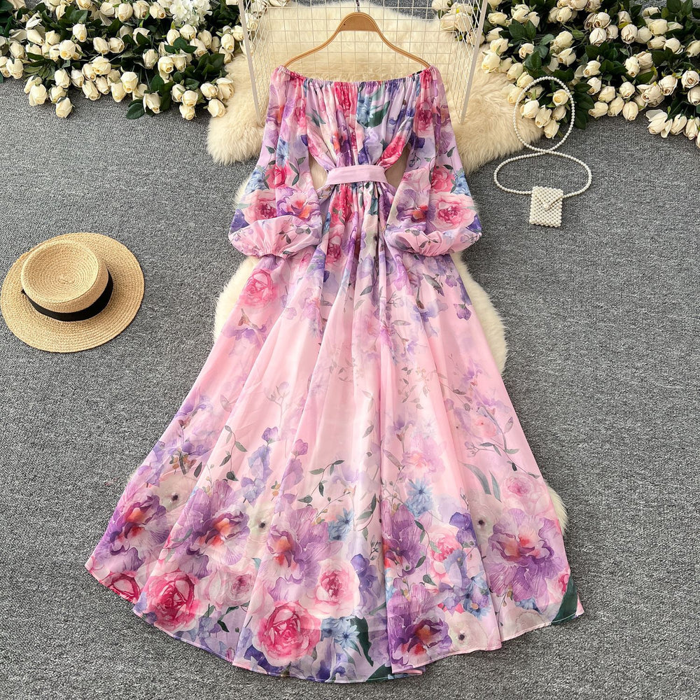 Early spring resort style dress - women's  new arrival: off-the-shoulder tie-waist lantern sleeve printed chiffon maxi dress