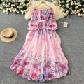 Early spring resort style dress - women's  new arrival: off-the-shoulder tie-waist lantern sleeve printed chiffon maxi dress