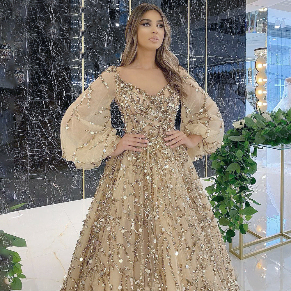 new cross-border gold heavy beaded luxury evening gown - sexy socialite queen long dress yq7109