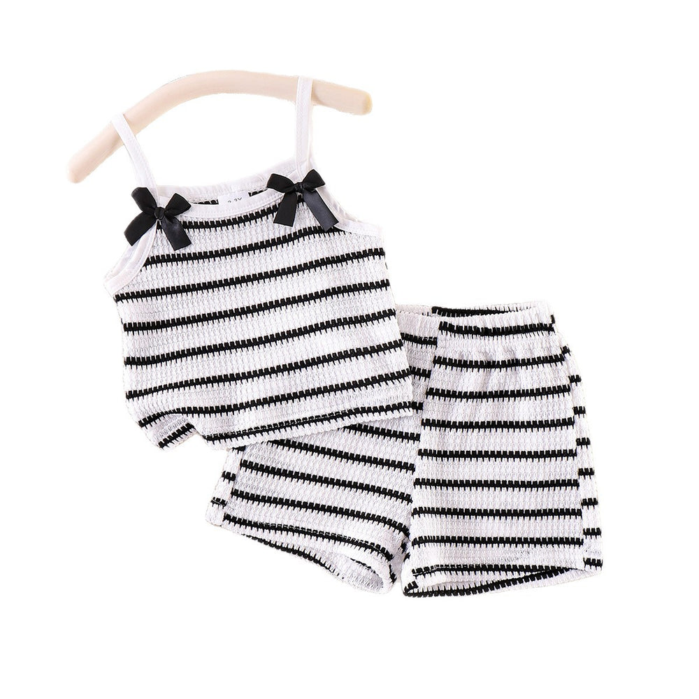 Children's clothing shein cross-border girl suit black and white stripes camisole + shorts