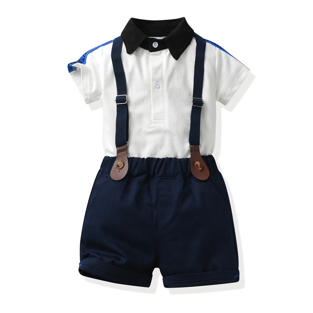 European and american new boys' summer two-piece set: boys' summer outfit, cotton patchwork polo shirt, t-shirt for mid-to-large children