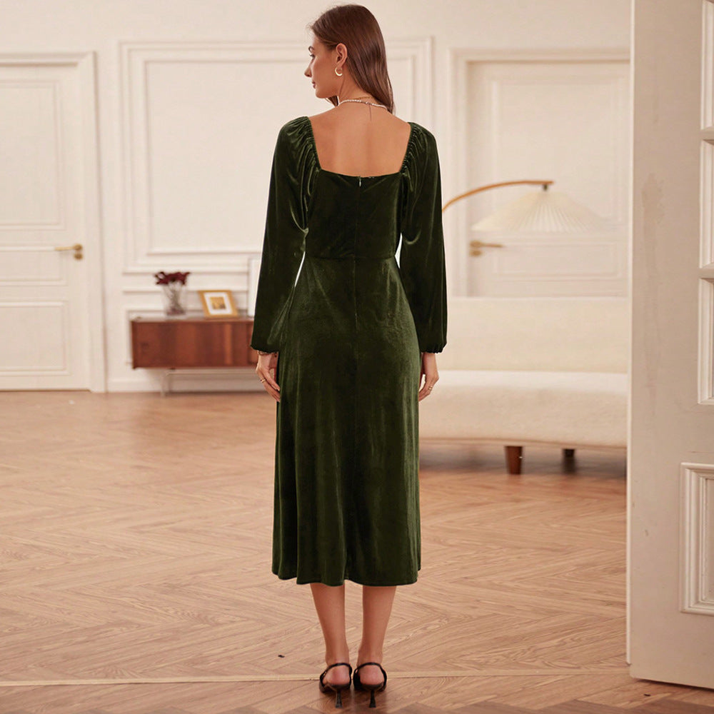european and american women's clothing  fall/winter new collection: french retro slim-fit square neck a-line long sleeve velvet dress