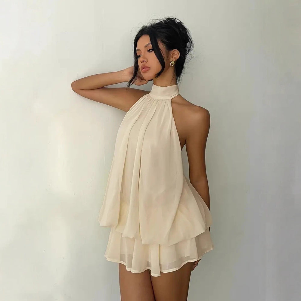 European and american cross-border  new collection: slim-fit, sexy, backless, halter neck, cinched waist top with flared mini skirt dress for women