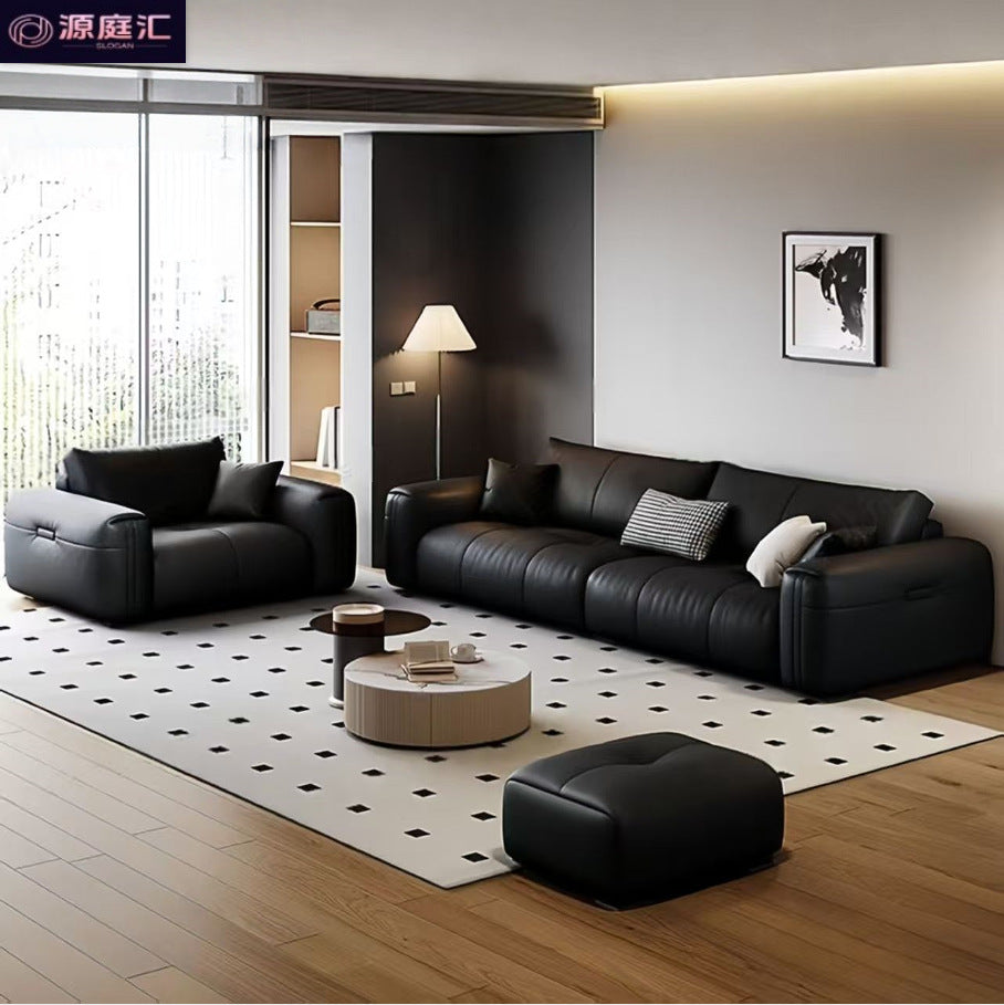Italian minimalist genuine leather sofa, perfect for small apartments. black, top-grain cowhide, straight-row, high-end leather sofa for home living rooms