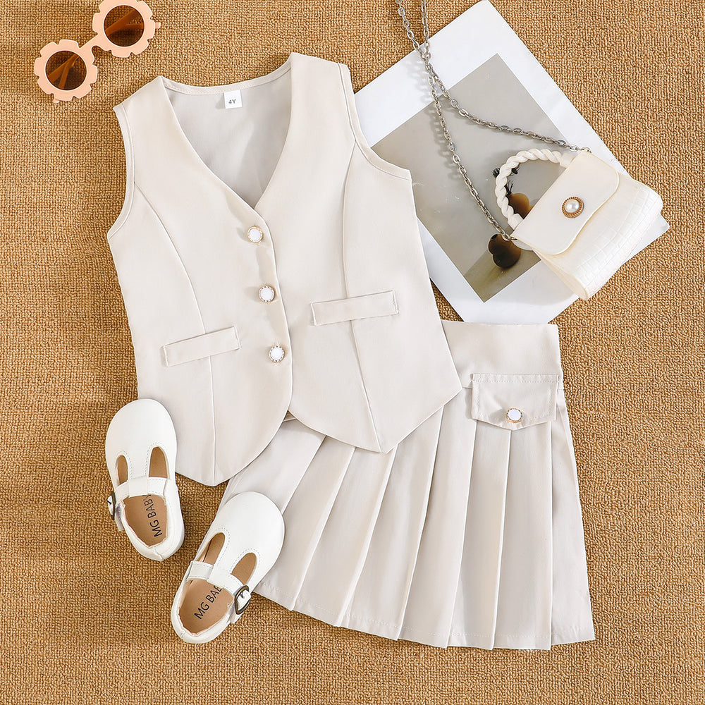 exclusive: girls' preppy summer outfit - red sleeveless vest + pleated skirt, fashionable casual style