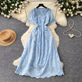 French-style heavy lace v-neck butterfly cutout dress - women's summer korean style short sleeve slimming a-line dress - pink