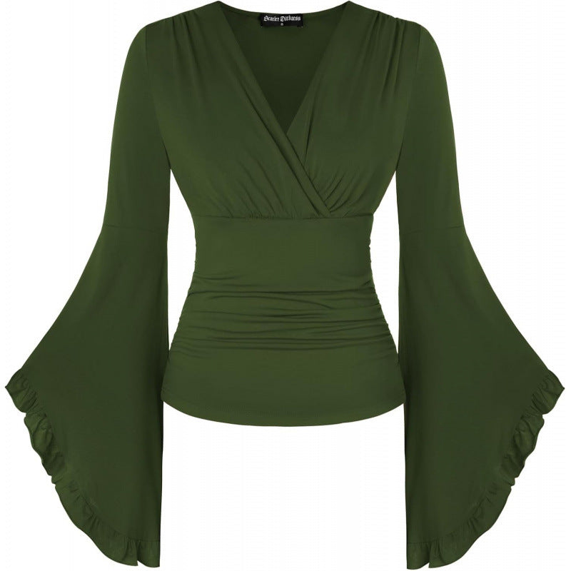 Amazon fashion pure desire v neck bell sleeve shirt  spring new style wrapped casual ruffle tops