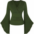 Amazon fashion pure desire v neck bell sleeve shirt  spring new style wrapped casual ruffle tops