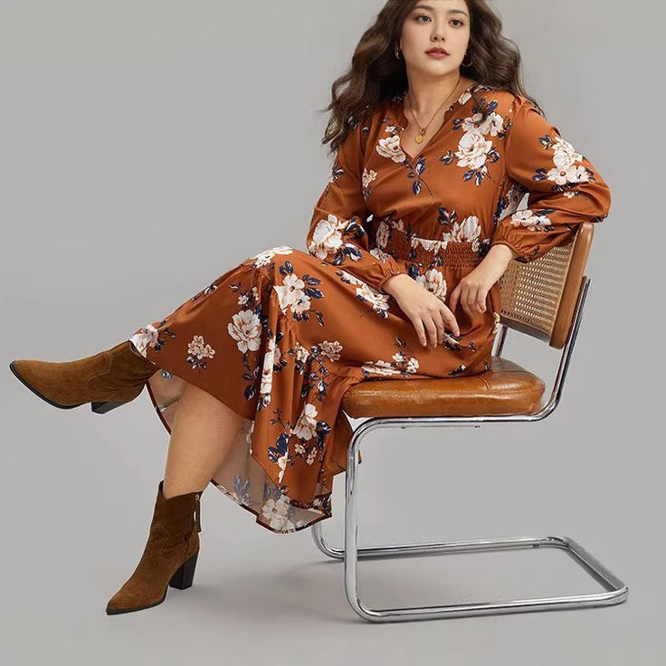 European and american cross-border e-commerce new print dress casual french style 110kg plus size women's high-quality dress