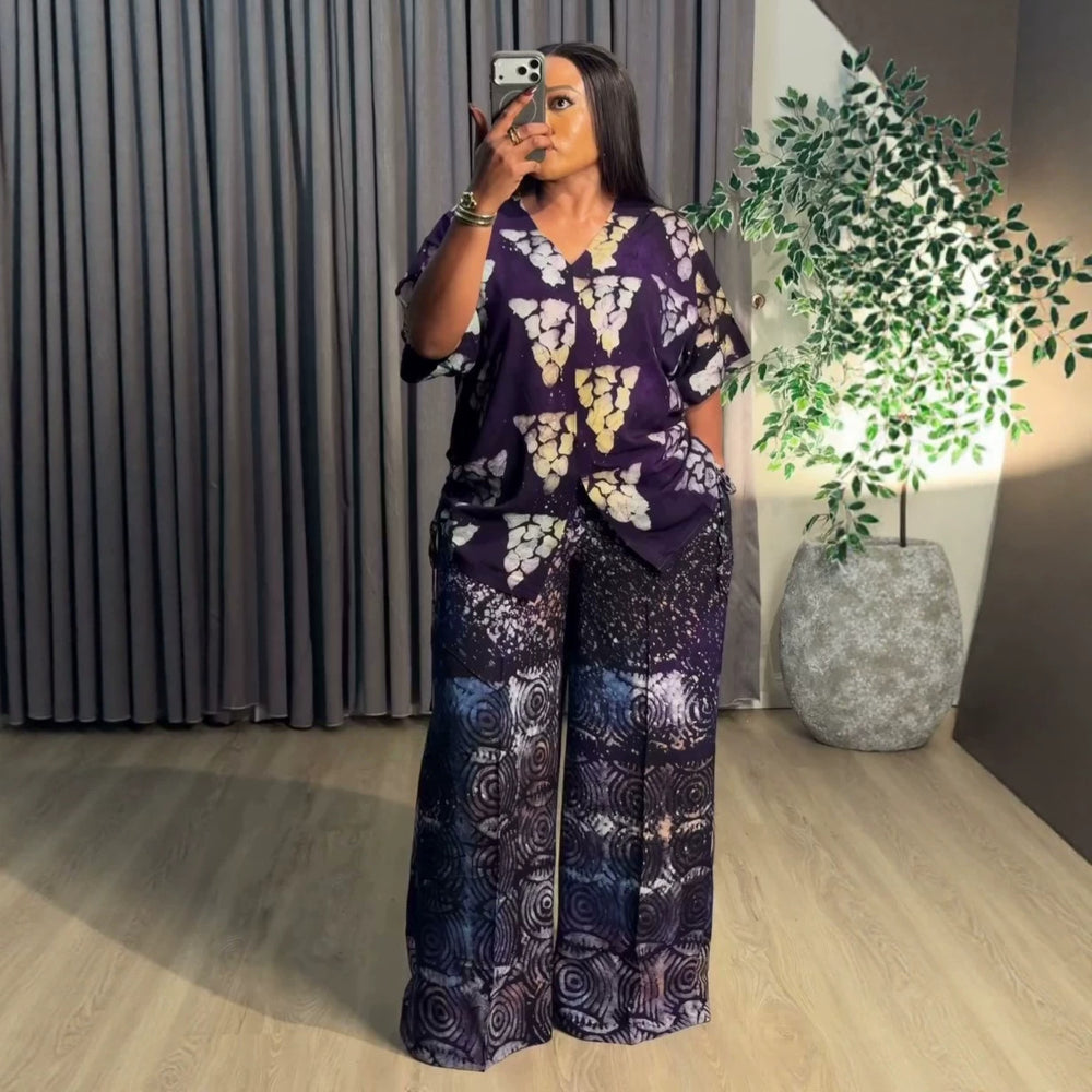 african women's clothing  summer new arrival: elegant v-neck drawstring loose plus size printed top and pants set