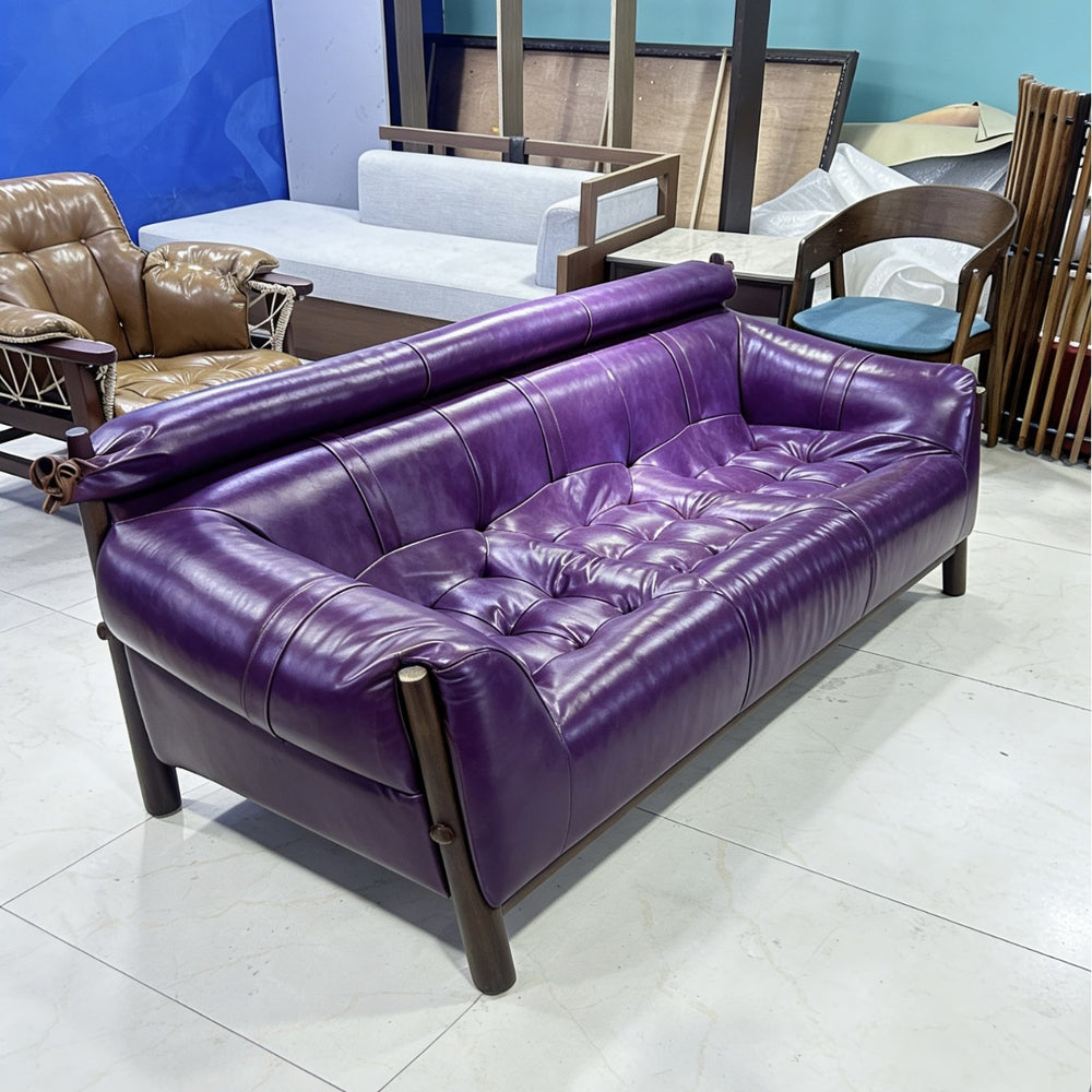 Solid wood sofa fabric designer creative straight row high back retro ash wood three-person new arrival oil wax leather