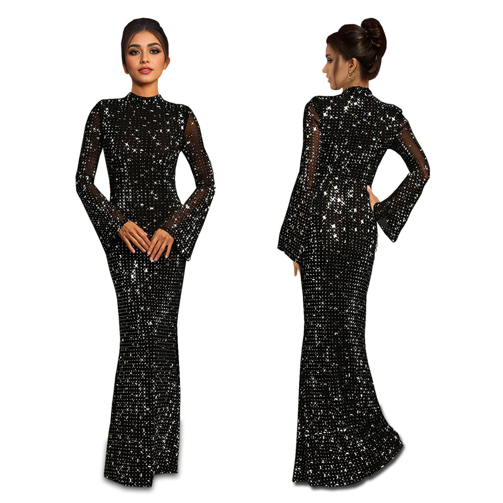 C7186 cross-border   fashion women's bodycon sexy long sleeve rhinestone dress - new arrival