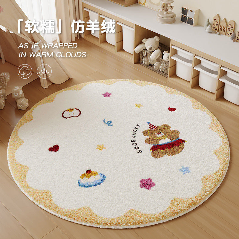 Cartoon faux cashmere round rug - perfect for bedroom bedside, study reading nook, cooling foot mat, living room sofa, or coffee table
