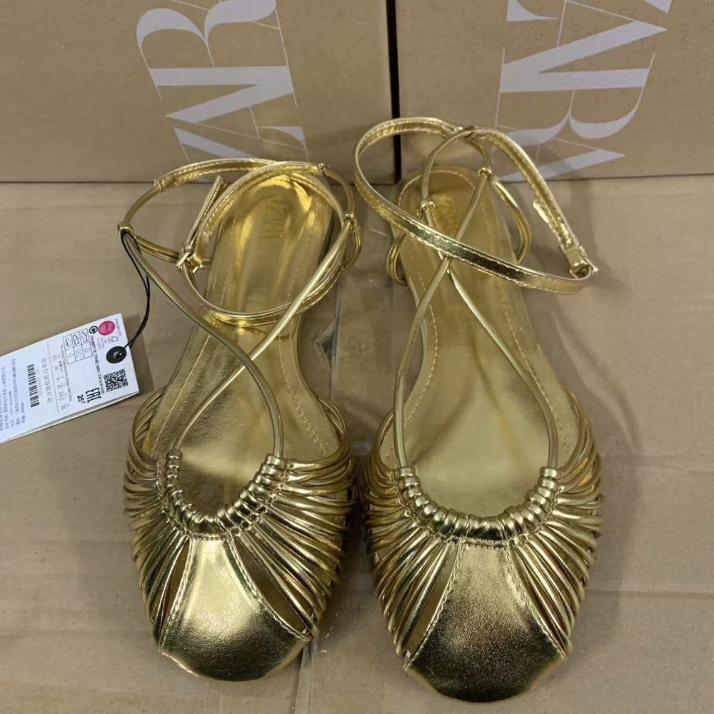 Za2025 spring new arrivals: women's gold-plated metal-effect hollow-out round-toe ankle strap sandals