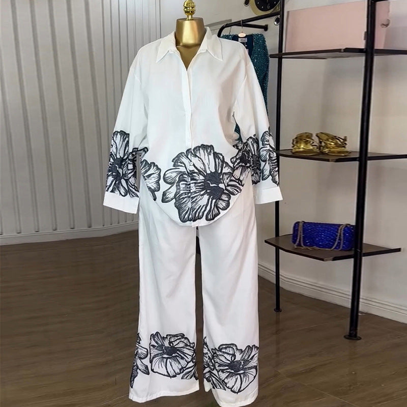 European and american cross-border women's fashion:  autumn new collection - trendy printed oversized long sleeve shirt and wide leg casual pants set