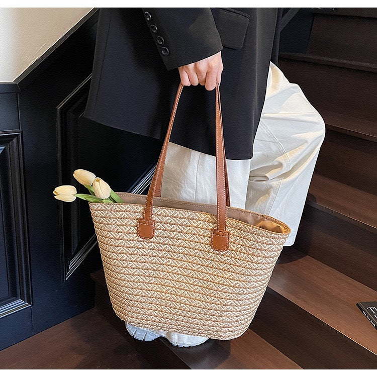 Casual French large-capacity woven Mori shoulder bag Summer beach straw bag Shoulder underarm double tote bag