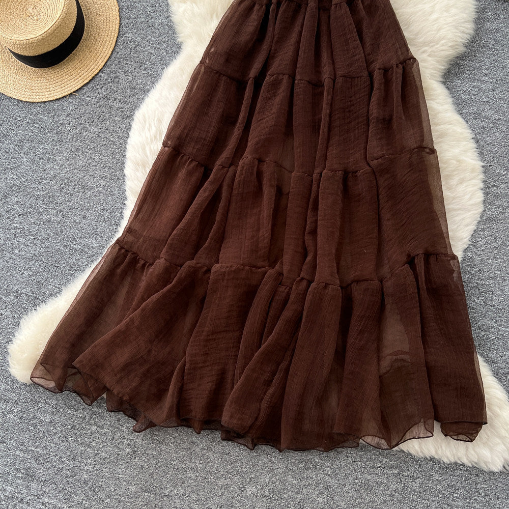 French chic sleeveless high-waisted a-line coffee-colored dress - women's summer slimming cake dress - vacation style maxi dress