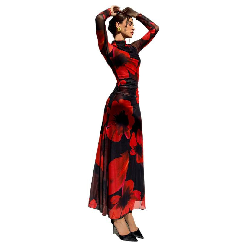 Aliexpress 1688 independent station in stock red tie-dye mesh printinglong women's dress