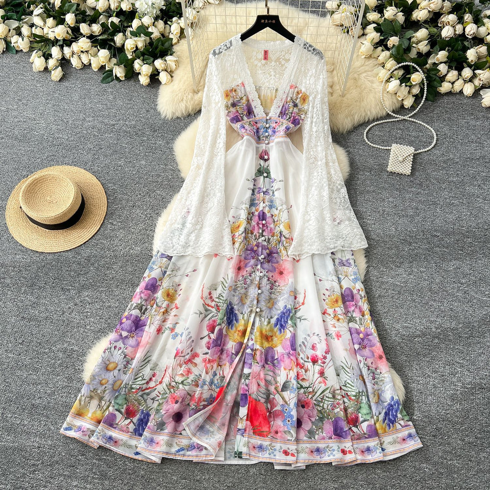 European and american fashion vacation style dress - women's spring collection - court style deep v-neck lace flare sleeve single-breasted printed maxi dress