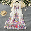 European and american fashion vacation style dress - women's spring collection - court style deep v-neck lace flare sleeve single-breasted printed maxi dress