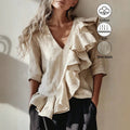 exclusive supply to europe and the us:  summer french ruffle plaid shirt, v-neck, loose fit, mid-sleeve cotton linen top