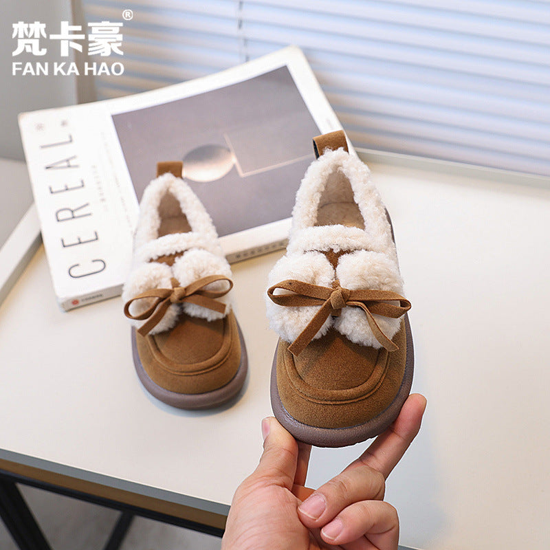 Vancahao kids cotton shoes winternew arrivalgirlsmoke plussheep fur shoes soft bottomretro bean shoes