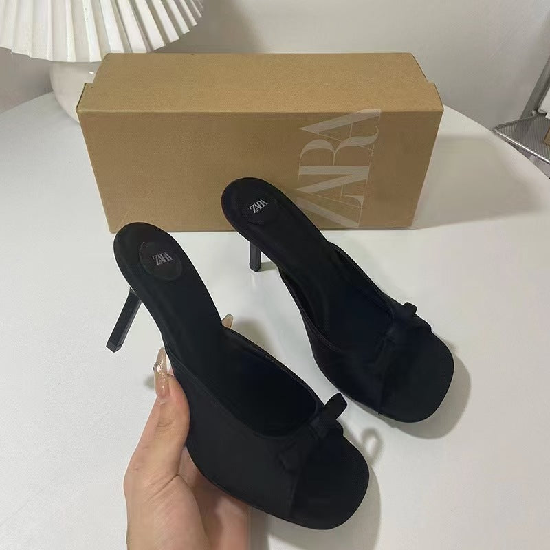 Za summer new 2024 fashion french square toe women's sandals - ankle strap bow detail open toe slingbacks