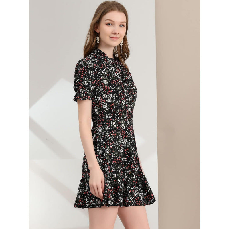 Amazon fashion ruffles bow tie chiffon floral dress  summer new arrival puff sleeve skirt