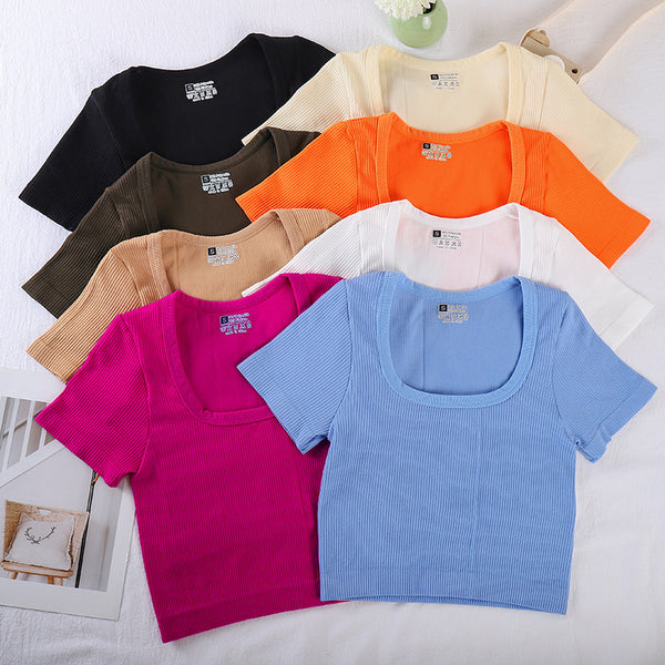 New T-shirt   yoga sports short-sleeved T-shirt threaded tight autumn and winter top