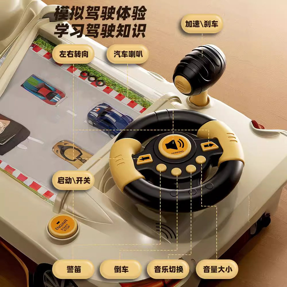 Kids' educational racing adventure game console with simulated multifunctional steering wheel - driving car toy
