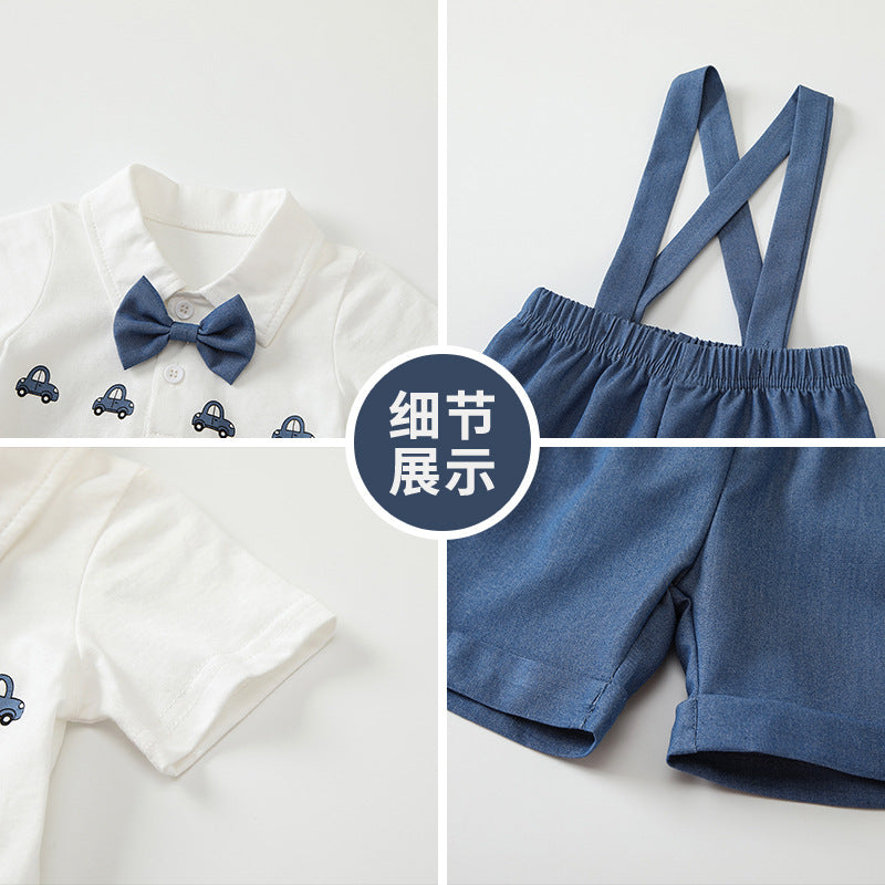 One-year-old baby boy's  new gentleman's preppy style overalls set, summer lightweight shirt and shorts short-sleeved formal wear