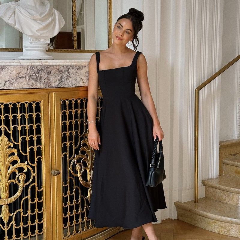 Export   spring and summer new arrival european and american women's clothing elegantpure color square collar sleeveless waist suspender dress