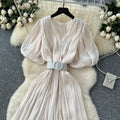 Luxury chic bubble sleeve dress - women's summer slit v-neck belted slimming exquisite maxi dress