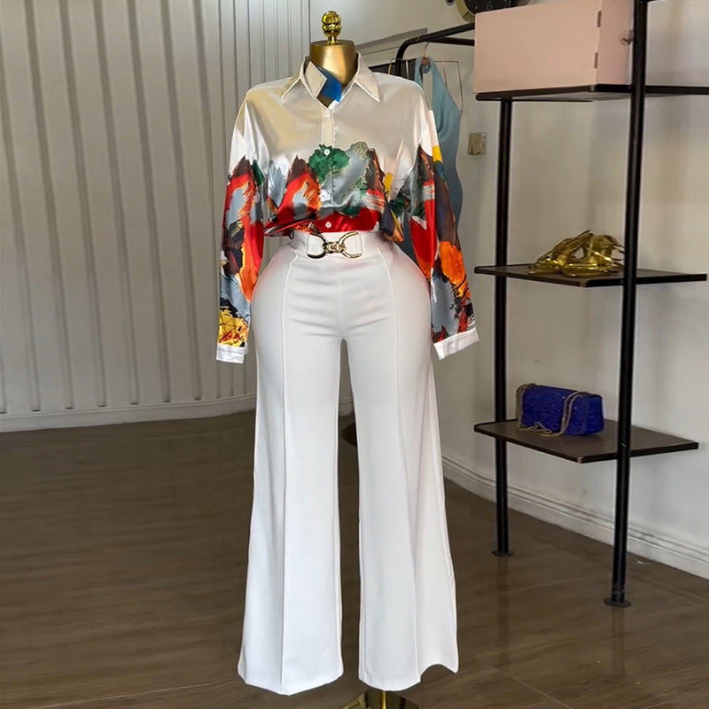 European and american cross-border women's fashion  summer new arrival: elegant turn-down collar, loose-fit printed long-sleeve shirt and wide-leg pants set