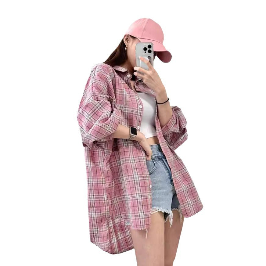 European and american cross-border  spring versatile commute collared long-sleeve loose fit designer plaid pocket women's blouse