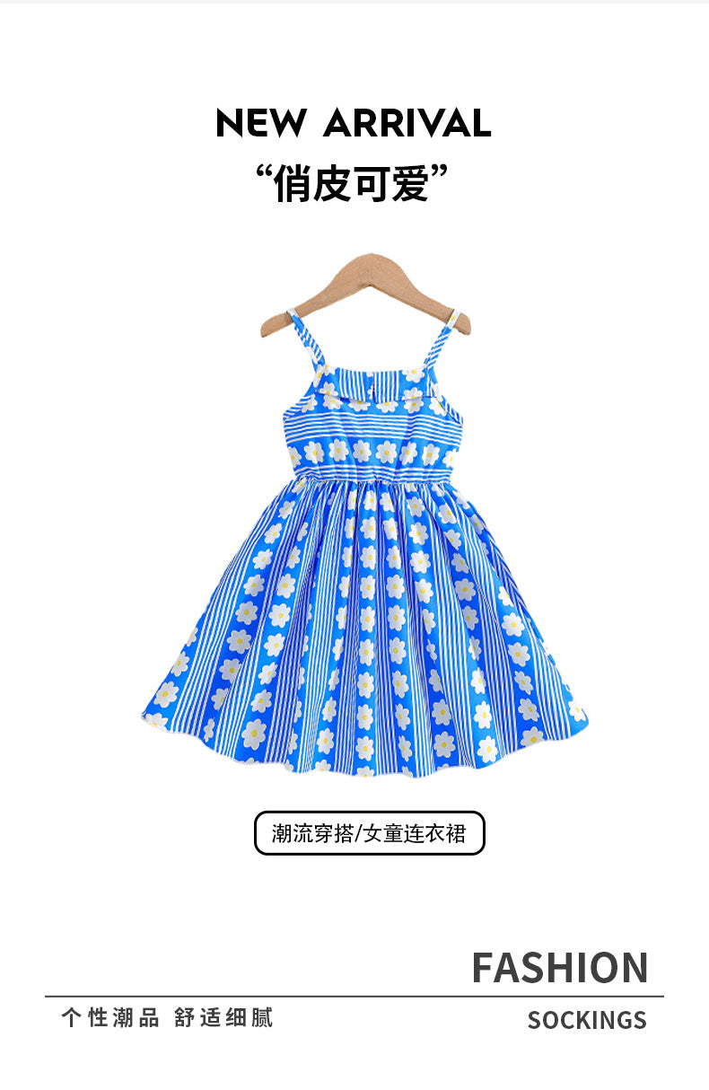Girls' summer sundress: blue striped floral print casual french style for mid-to-large children