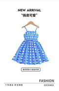 Girls' summer sundress: blue striped floral print casual french style for mid-to-large children