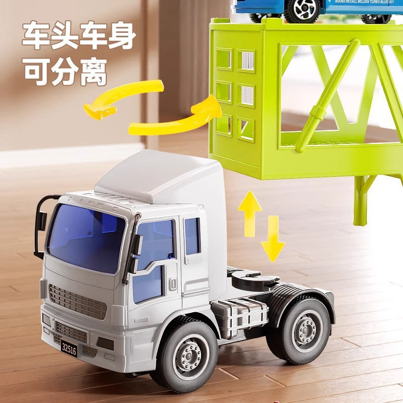 Kids double-layer fire flatbed transport truck large size resistant to falling engineering trailer container toy inertia car model boy