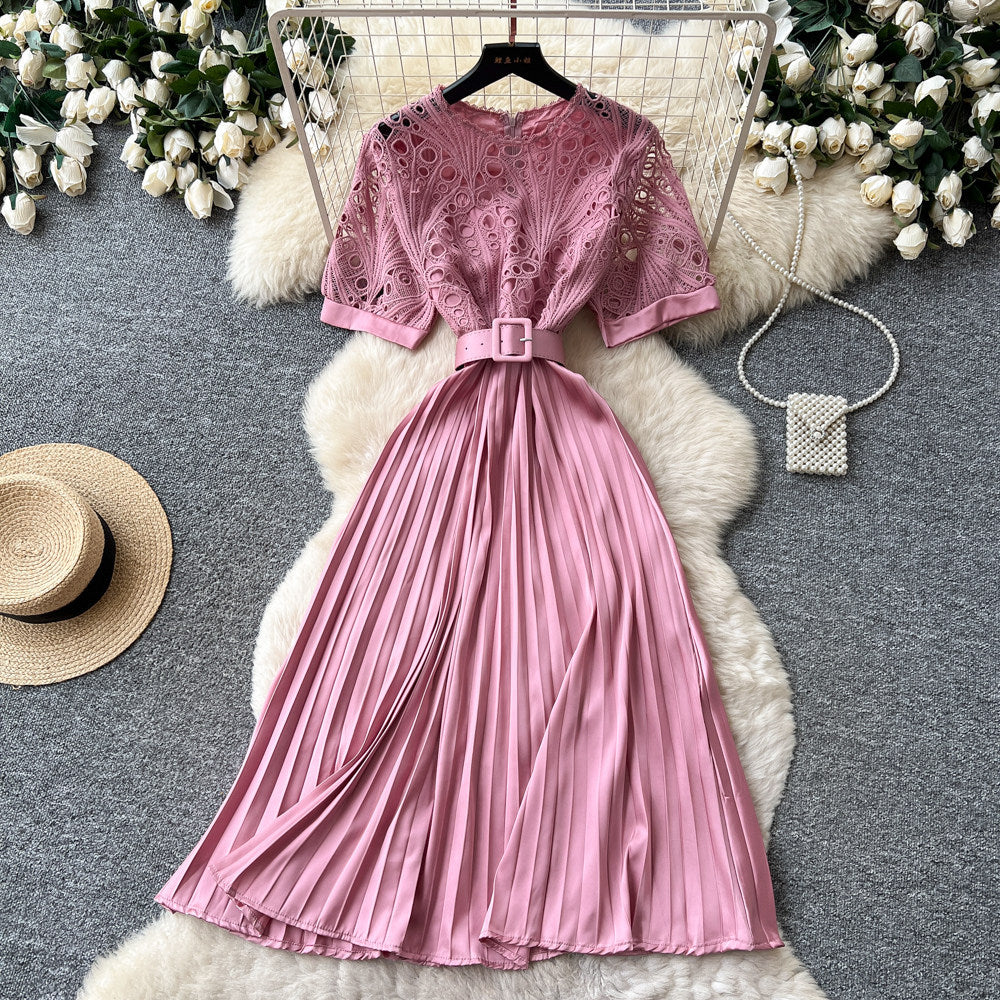 Frenchretrocut out short-sleeved dress women's summerk-style waist slimming lookclassy sense pleated long skirt work clothing