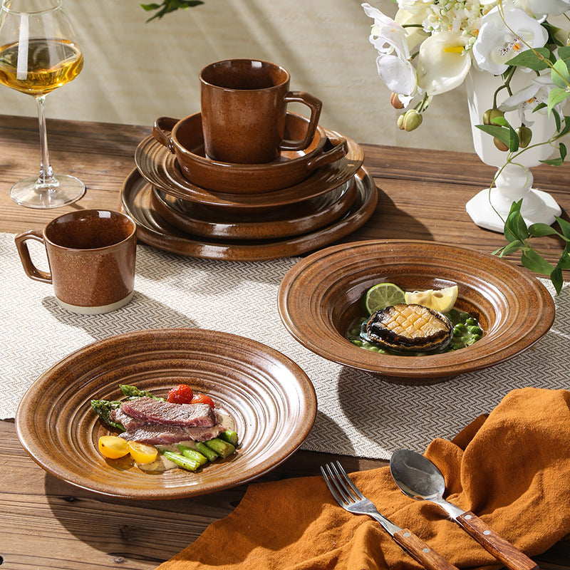 Vintage chic ceramic dinnerware - restaurant & hotel grade, unique ribbed design, steak & western cuisine plates, high-style deep dishes for home use