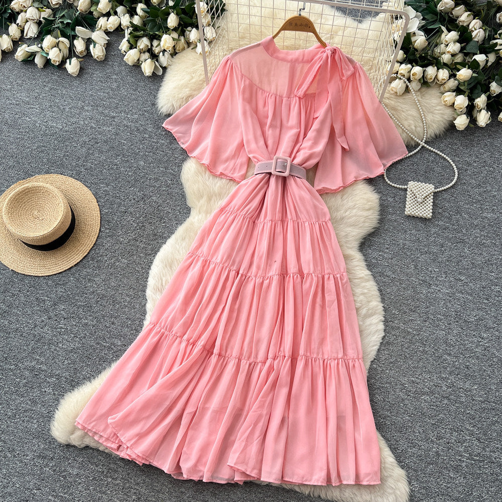 French court style lantern sleeve tiered dress - women's summer tie-waist a-line maxi dress - slimming & elegant