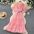 French court style lantern sleeve tiered dress - women's summer tie-waist a-line maxi dress - slimming & elegant