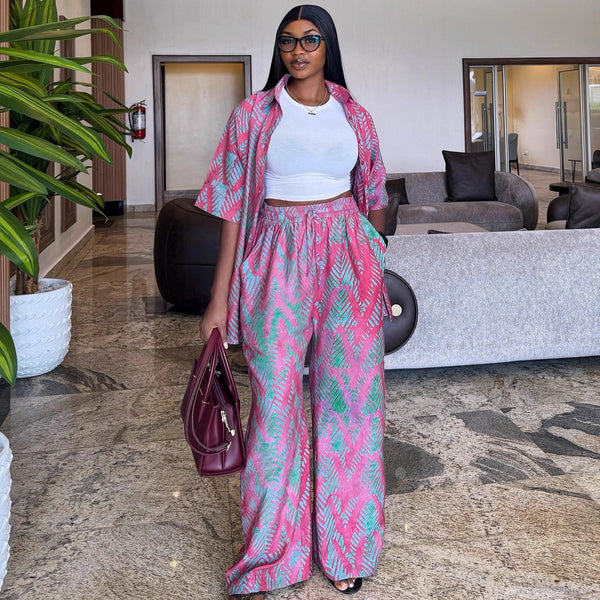 European and American large size loose lapel print shirt high waist wide leg casual trousers African new women's two-piece set women's