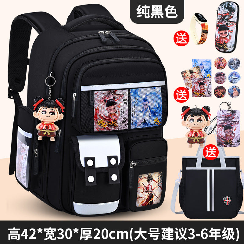 New nezha backpack for boys and girls, grades 1-6: spine protection, lightweight design, and extra-large capacity