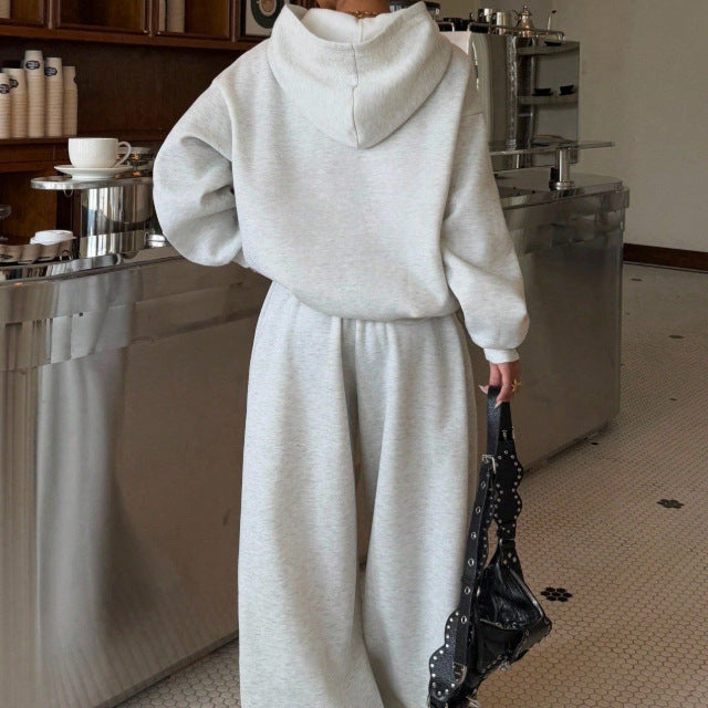 fashion cross-border comfy basics suit pure color dropped shoulder hooded sweatshirt wide-leg casualpants